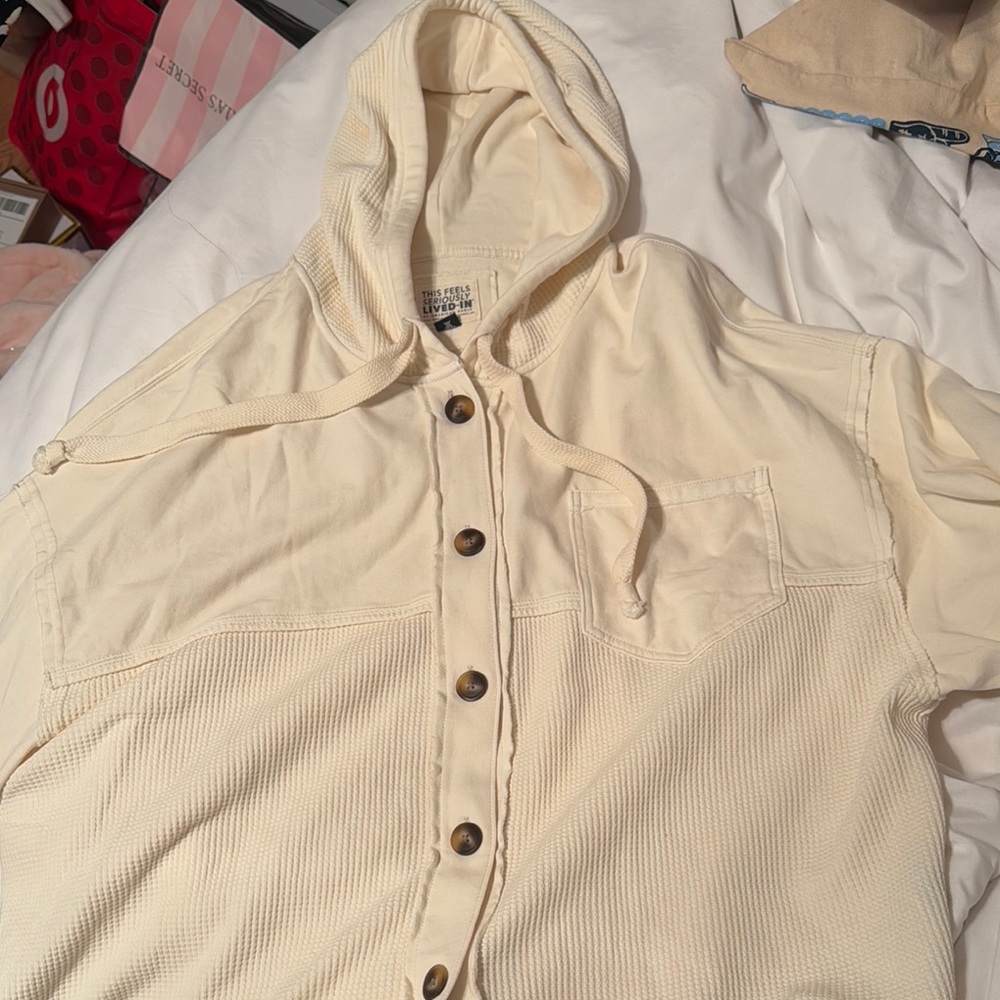 American Eagle Cream Hooded Button-Up Shirt